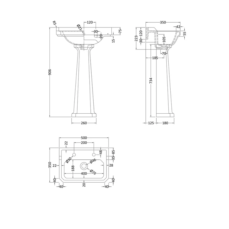 Hudson Reed Richmond 500mm 2th Basin & Comfort Height Ped Trad White Vitreous China 906x500x350mm