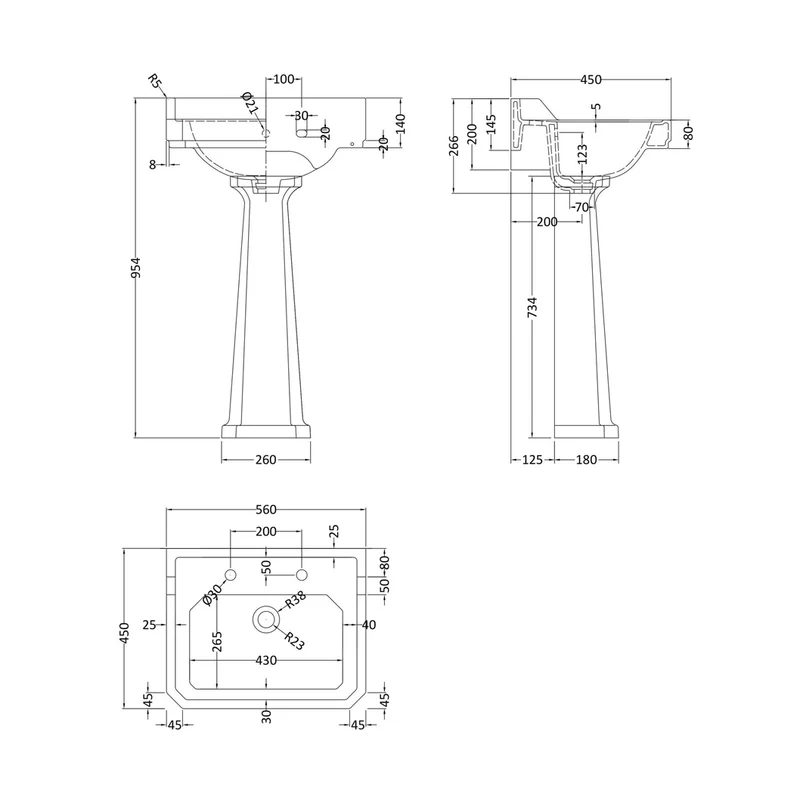 Hudson Reed Richmond 560mm 2th Basin & Comfort Height Ped Trad White Vitreous China 964x560x450mm