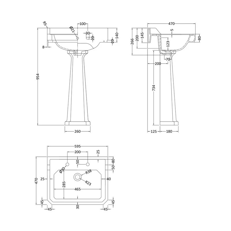 Hudson Reed Richmond 600mm 2th Basin & Comfort Height Ped Trad White Vitreous China 964x595x470mm