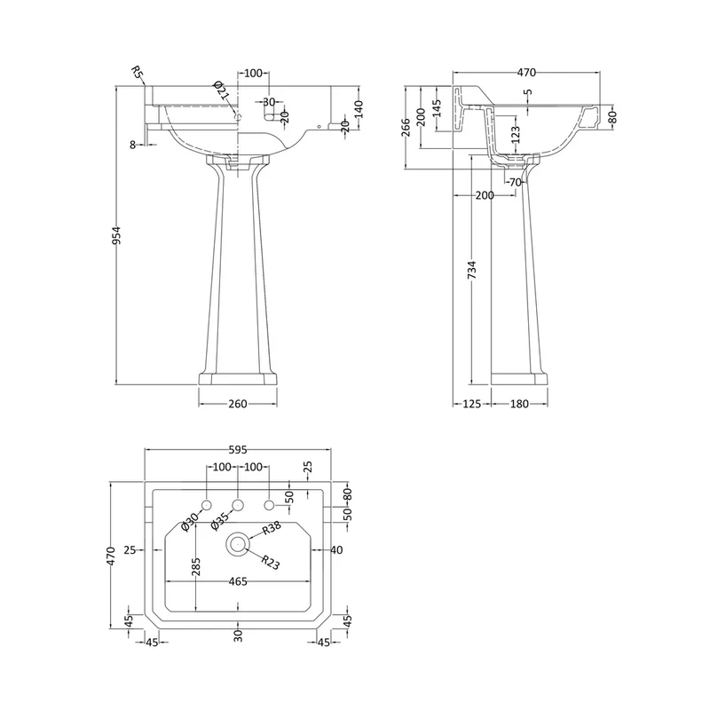 Hudson Reed Richmond 600mm 3th Basin & Comfort Height Ped Trad White Vitreous China 964x595x470mm