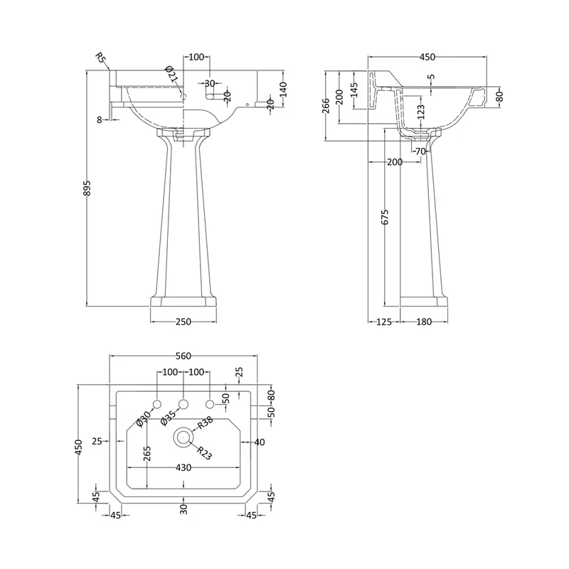Hudson Reed Richmond 560mm Basin & Pedestal (3 Tap Hole) Trad White Vitreous China 905x560x450mm