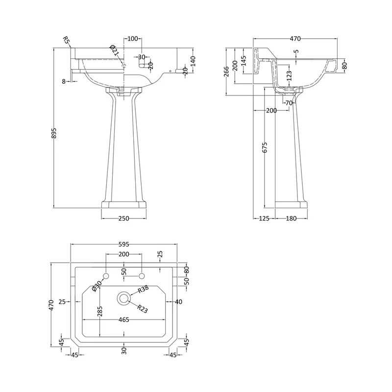 Hudson Reed Richmond 600mm Basin & Pedestal (2 Tap Hole) Trad White Vitreous China 885x595x470mm