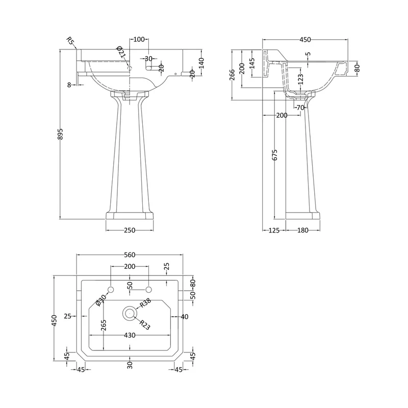 Hudson Reed Richmond 560mm Basin & Pedestal (2 Tap Hole) Trad White Vitreous China 905x565x460mm