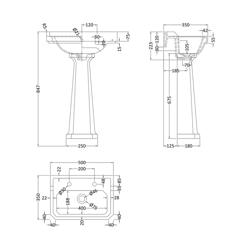 Hudson Reed Richmond 500mm Basin & Pedestal (2 Tap Hole) Trad White Vitreous China 850x495x365mm