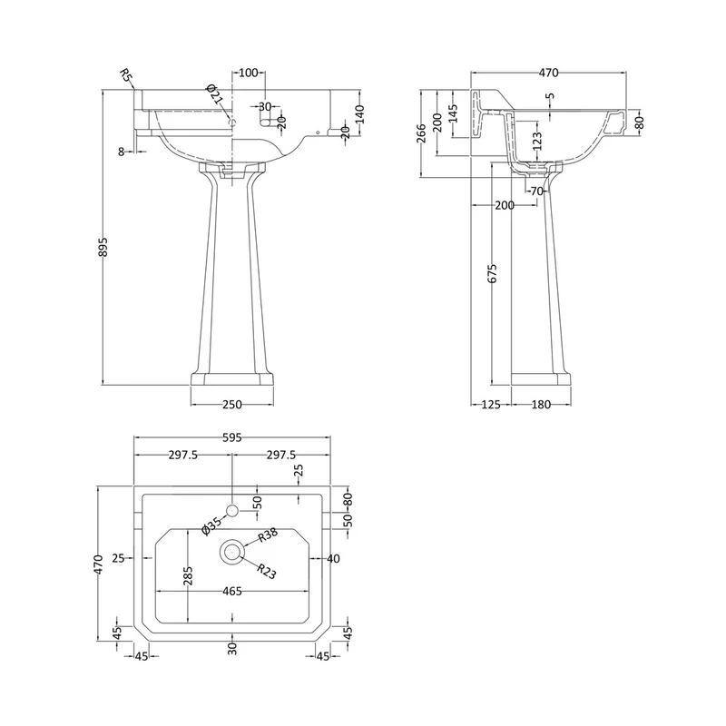 Hudson Reed Richmond 600mm Basin & Pedestal (1 Tap Hole) Trad White Vitreous China 900x600x485mm