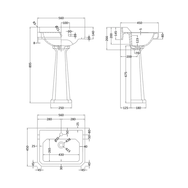 Hudson Reed Richmond 560mm Basin & Pedestal (1 Tap Hole) Trad White Vitreous China 897x550x455mm