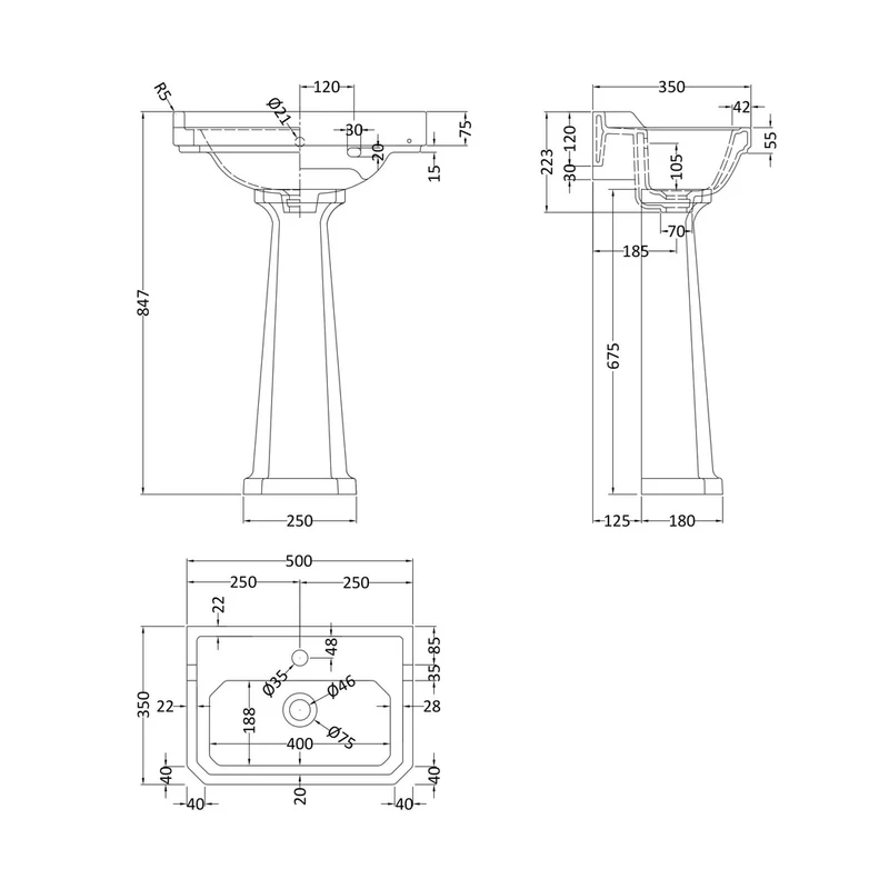 Hudson Reed Richmond 500mm Basin & Pedestal (1 Tap Hole) Trad White Vitreous China 850x500x370mm