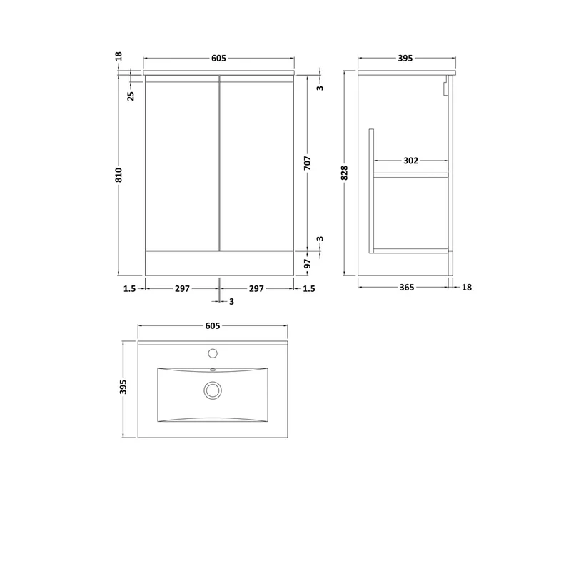 Hudson Reed Urban 600mm Floor Standing 2 Door Unit & Basin 2 Contemp Satin Green MFC Painted Matt 828x610x390mm