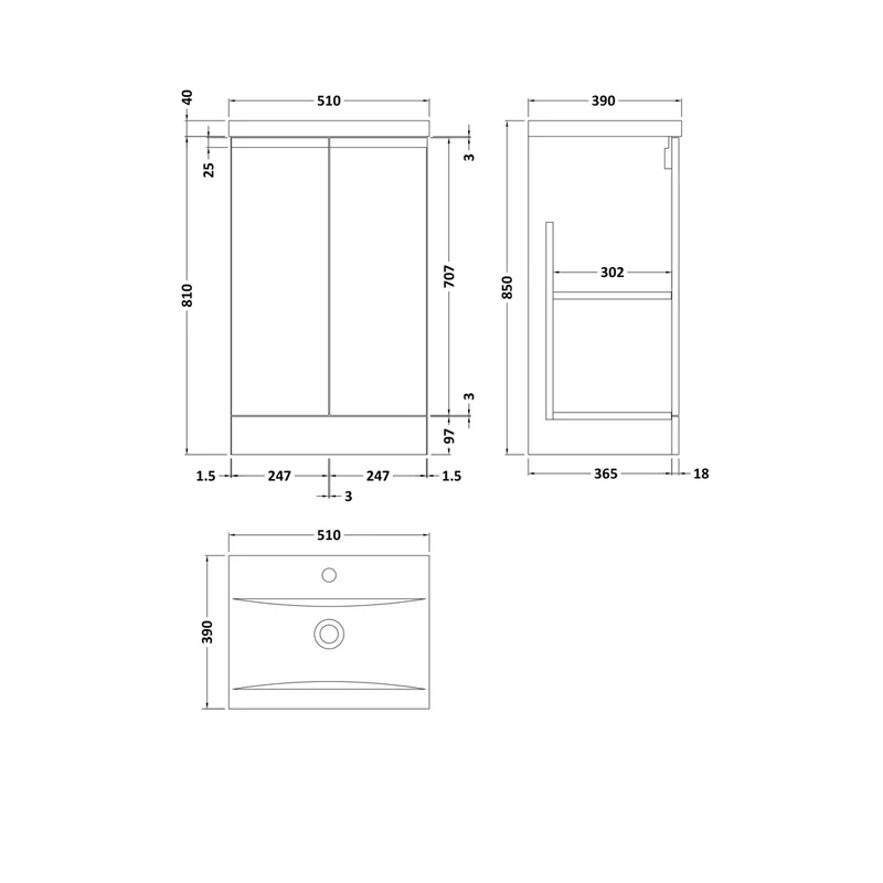 Hudson Reed Urban 500mm Floor Standing 2 Door Vanity & Basin 1 Contemp Satin Green MFC Painted Matt 850x510x390mm