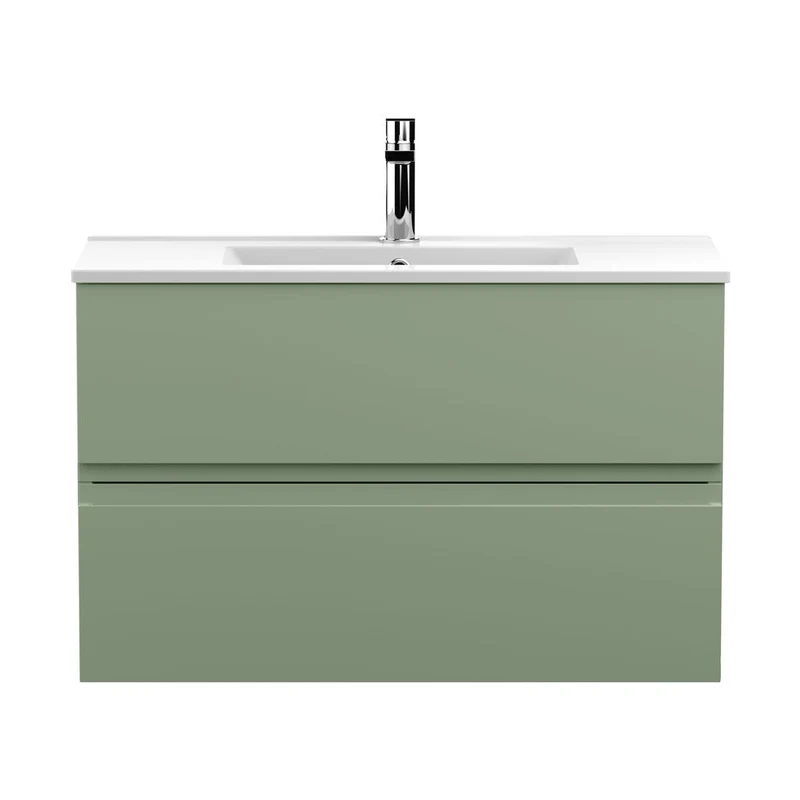 Hudson Reed Urban 800mm Wall Hung 2 Drawer Unit & Basin 2 Contemp Satin Green MFC Painted Matt 518x810x390mm