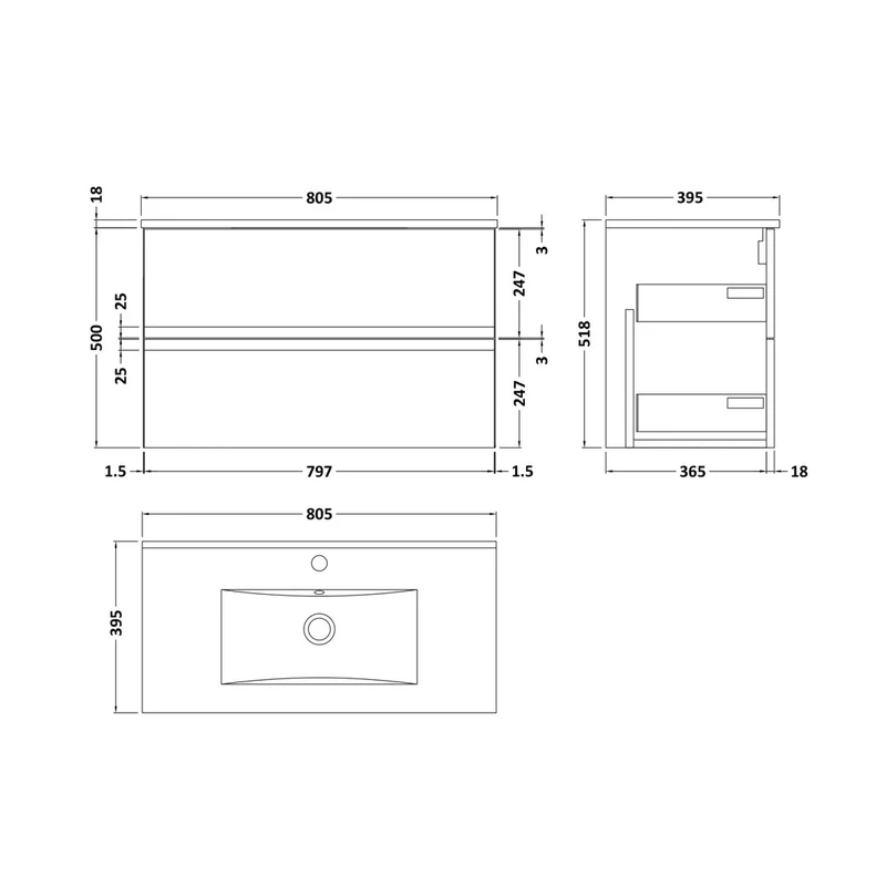 Hudson Reed Urban 800mm Wall Hung 2 Drawer Unit & Basin 2 Contemp Satin Green MFC Painted Matt 518x810x390mm