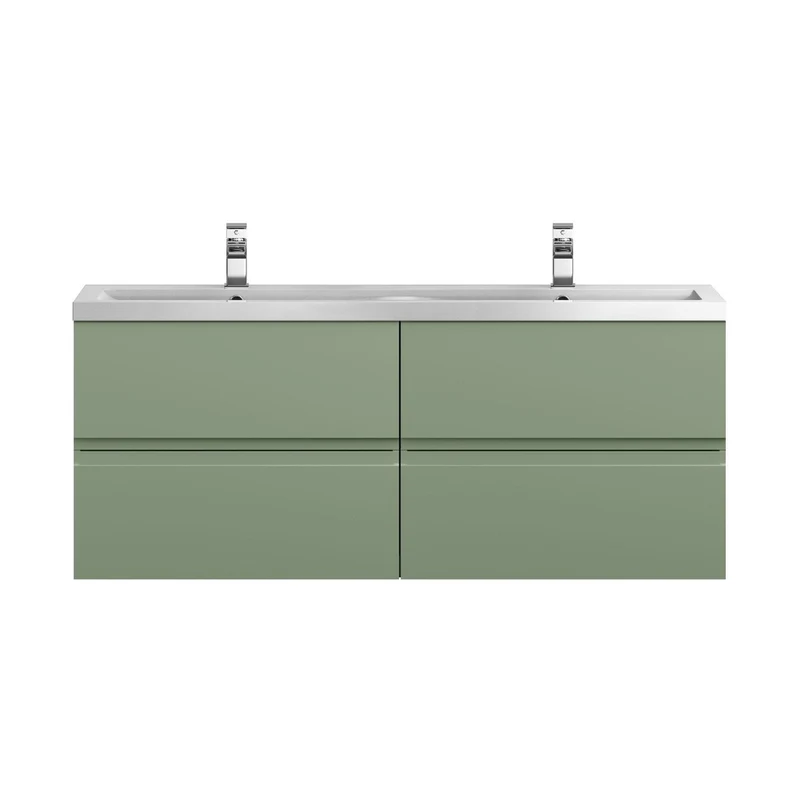 Hudson Reed Urban 1200 Wall Hung 4 Drawer Vanity & Double Basin Contemp Satin Green MFC Painted Matt 540x1205x383mm - URB804F