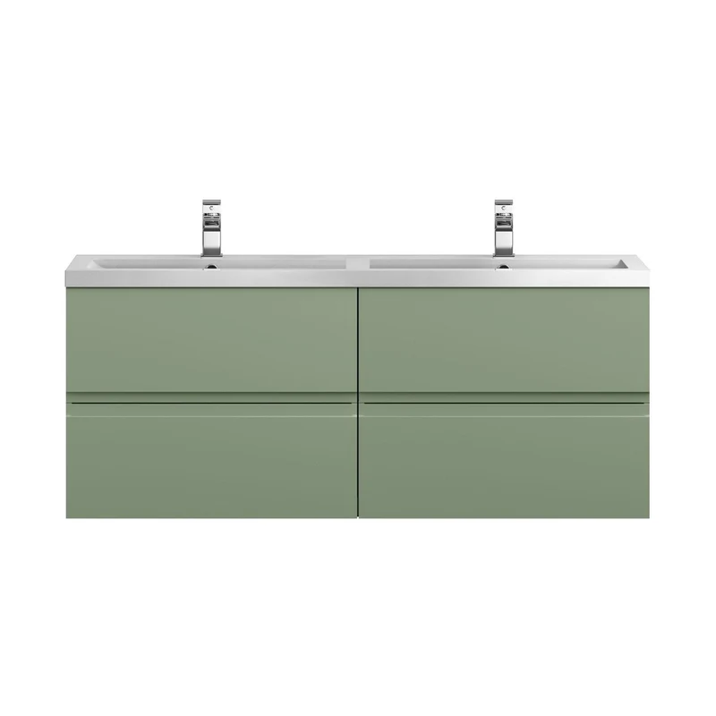 Hudson Reed Urban 1200 Wall Hung 4 Drawer Vanity & Double Basin Contemp Satin Green MFC Painted Matt 540x1205x383mm - URB804C
