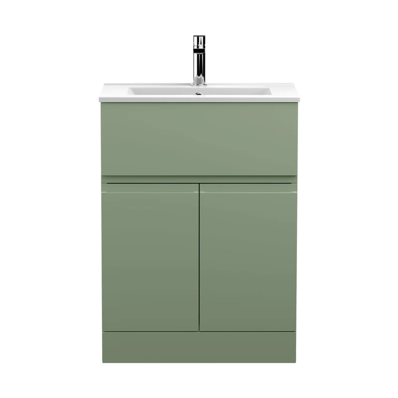 Hudson Reed Urban 600mm Floor Standing 2 Door/drawer Unit & Basin 2 Contemp Satin Green MFC Painted Matt 828x610x390mm