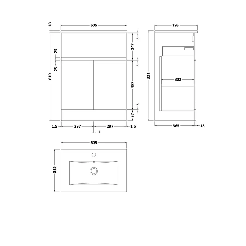 Hudson Reed Urban 600mm Floor Standing 2 Door/drawer Unit & Basin 2 Contemp Satin Green MFC Painted Matt 828x610x390mm