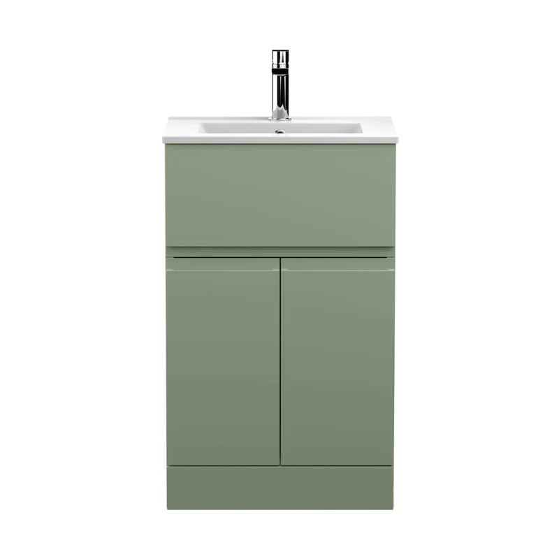 Hudson Reed Urban 500mm Floor Standing 2 Door/drawer Unit & Basin 2 Contemp Satin Green MFC Painted Matt 828x510x390mm