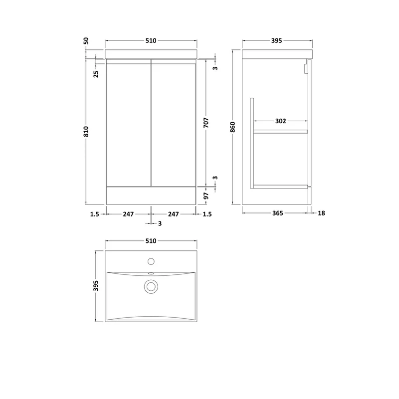 Hudson Reed Urban 500mm Floor Standing 2-door Vanity Unit & Basin 3 Contemp Satin Blue MFC Painted Matt 860x510x395mm