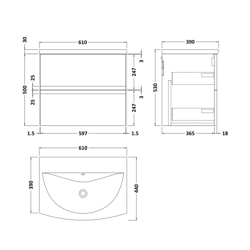 Hudson Reed Urban 600mm Wall Hung 2 Drawer Vanity Unit & Basin 4 Contemp Satin Blue MFC Painted Matt 530x610x440mm