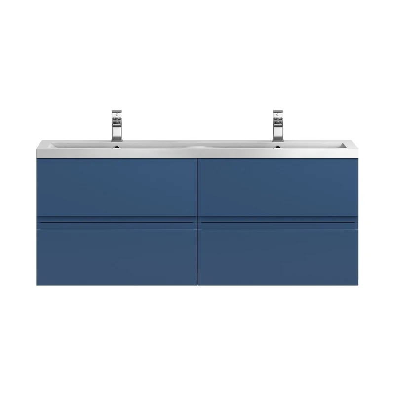 Hudson Reed Urban 1200 Wall Hung 4 Drawer Vanity & Double Basin Contemp Satin Blue MFC Painted Matt 540x1205x383mm - URB304F