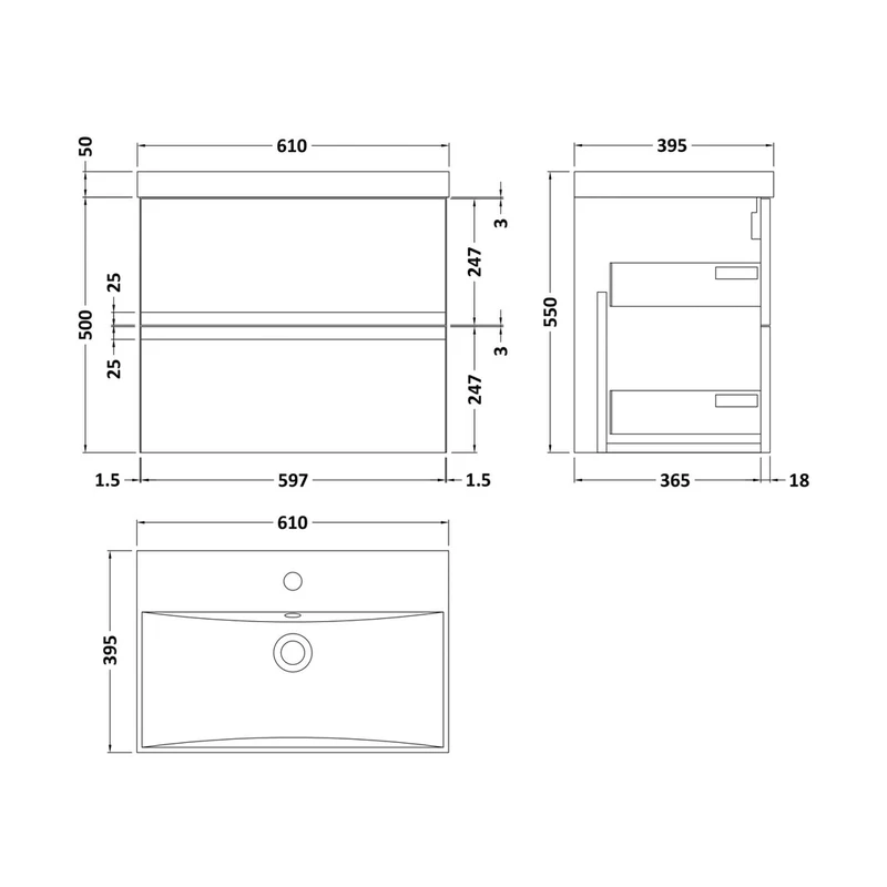 Hudson Reed Urban 600mm Wall Hung 2-drawer Vanity Unit & Basin 3 Contemp Satin Blue MFC Painted Matt 550x610x395mm
