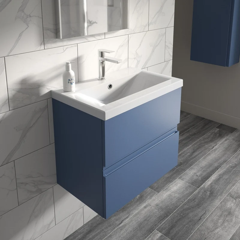Hudson Reed Urban 500mm Wall Hung 2-drawer Vanity Unit & Basin 1 Contemp Satin Blue MFC Painted Matt 540x510x390mm