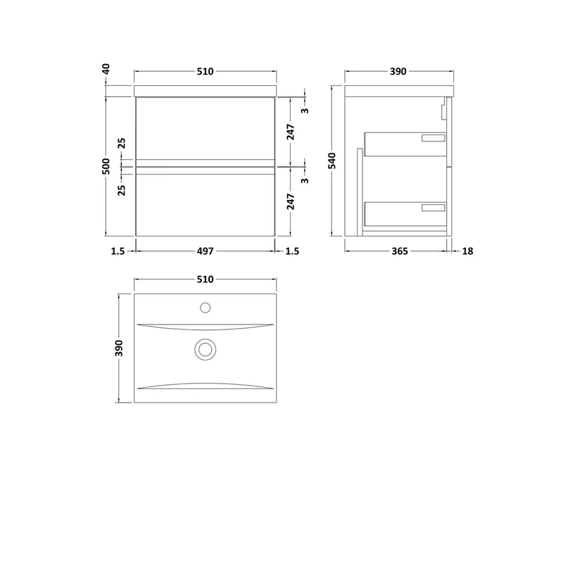 Hudson Reed Urban 500mm Wall Hung 2-drawer Vanity Unit & Basin 1 Contemp Satin Blue MFC Painted Matt 540x510x390mm