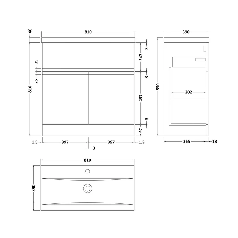 Hudson Reed Urban 800mm Floor Standing 2-door Vanity Unit & Basin 1 Contemp Satin Grey MFC Painted Matt 850x810x390mm