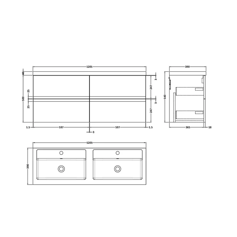 Hudson Reed Urban 1200 Wall Hung 4 Drawer Vanity & Double Basin Contemp Satin Grey MFC Painted Matt 540x1205x383mm - URB204C