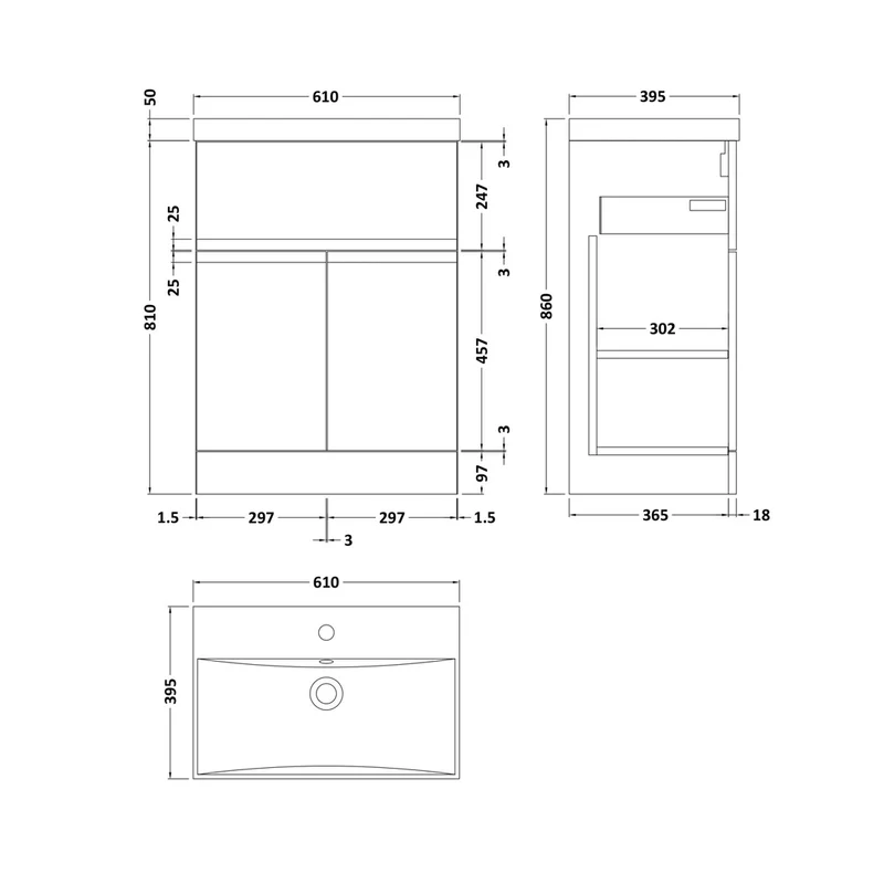 Hudson Reed Urban 600mm Floor Standing 2-door/drawer Vanity Unit & Basin 3 Contemp Satin Grey MFC Painted Matt 860x610x395mm