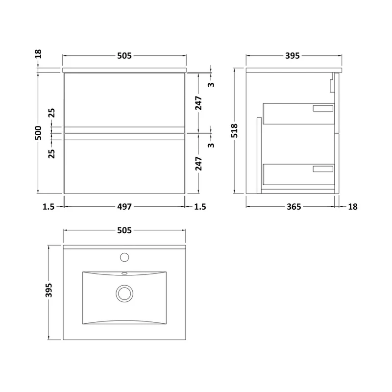 Hudson Reed Urban 500mm Wall Hung 2-drawer Vanity Unit & Basin 2 Contemp Satin Grey MFC Painted Matt 540x505x395mm