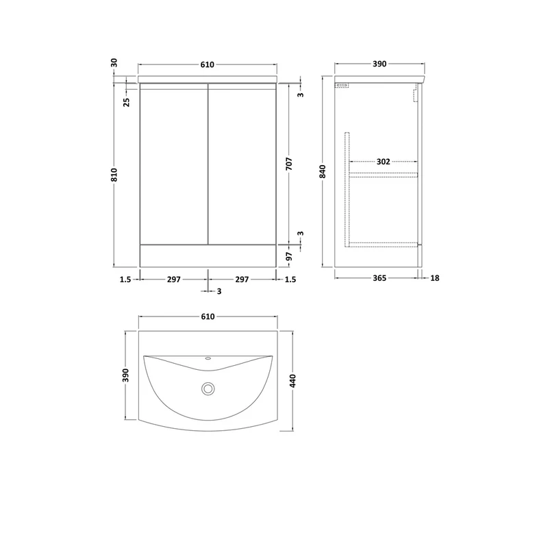 Hudson Reed Urban 600mm Floor Standing 2 Door Vanity & Basin 4 Contemp Soft Black MFC Painted Matt 835x610x440mm