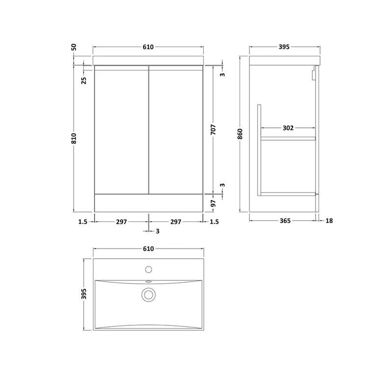 Hudson Reed Urban 600mm Floor Standing 2 Door Vanity & Basin 3 Contemp Soft Black MFC Painted Matt 860x610x395mm