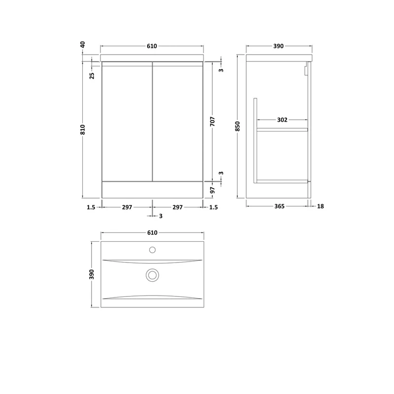 Hudson Reed Urban 600mm Floor Standing 2 Door Vanity & Basin 1 Contemp Soft Black MFC Painted Matt 850x610x390mm