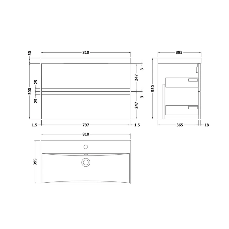 Hudson Reed Urban 800mm Wall Hung 2 Drawer Vanity & Basin 3 Contemp Soft Black MFC Painted Matt 550x810x395mm