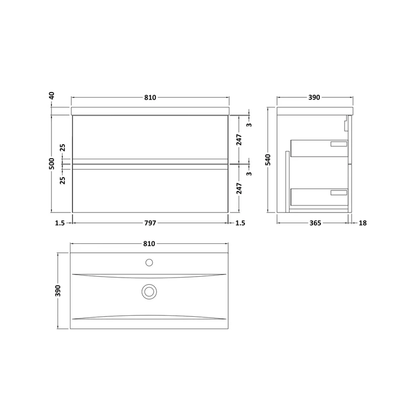 Hudson Reed Urban 800mm Wall Hung 2 Drawer Vanity & Basin 1 Contemp Soft Black MFC Painted Matt 540x810x390mm
