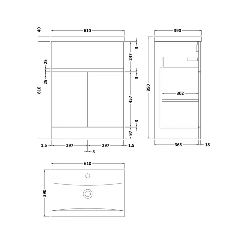 Hudson Reed Urban 600mm Floor Standing 2 Door/drawer Vanity & Basin 1 Contemp Soft Black MFC Painted Matt 850x610x390mm