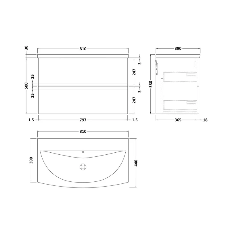 Hudson Reed Urban 800mm Wall Hung 2 Drawer Vanity Unit & Basin 4 Contemp Satin White MFC Painted Matt 550x810x395mm
