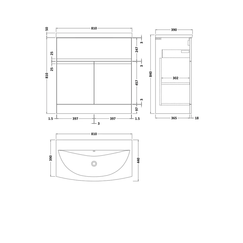 Hudson Reed Urban 800mm Floor Standing 2 Door Vanity Unit & Basin 4 Contemp Satin White MFC Painted Matt 860x810x395mm