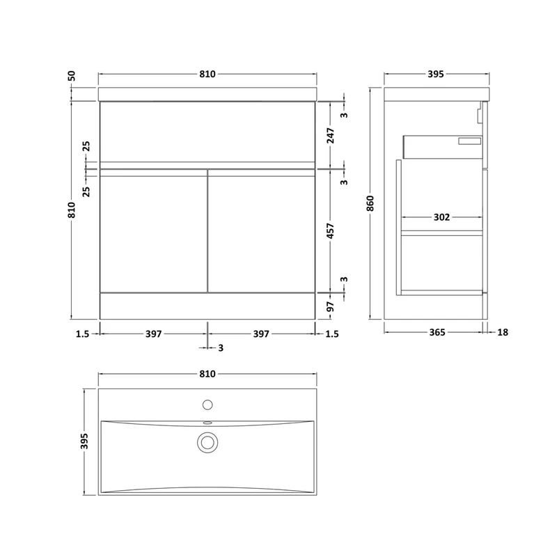 Hudson Reed Urban 800mm Floor Standing 2-door Vanity Unit & Basin 3 Contemp Satin White MFC Painted Matt 8660x810x395mm