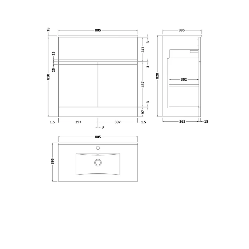 Hudson Reed Urban 800mm Floor Standing 2-door Vanity Unit & Basin 2 Contemp Satin White MFC Painted Matt 828x805x395mm