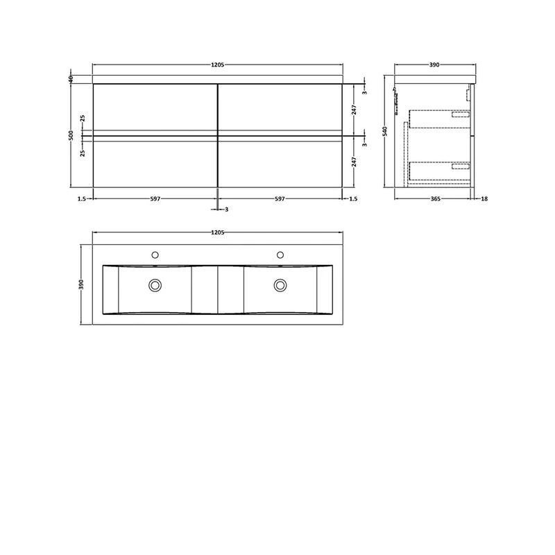 Hudson Reed Urban 1200 Wall Hung 4 Drawer Vanity & Double Basin Contemp Satin White MFC Painted Matt 540x1205x383mm - URB104F