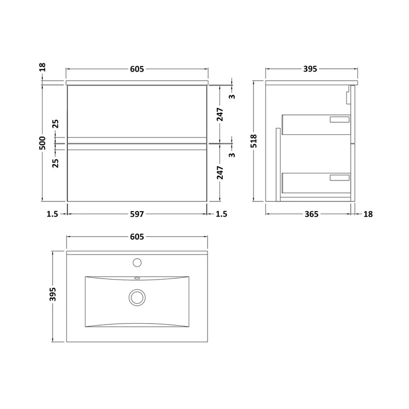 Hudson Reed Urban 600mm Wall Hung 2-drawer Vanity Unit & Basin 2 Contemp Satin White MFC Painted Matt 518x605x395mm