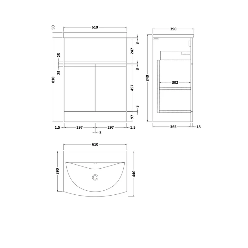 Hudson Reed Urban 600mm Floor Standing 2 Door/drawer Vanity Unit & Basin 4 Contemp Satin White MFC Painted Matt 840x610x440mm