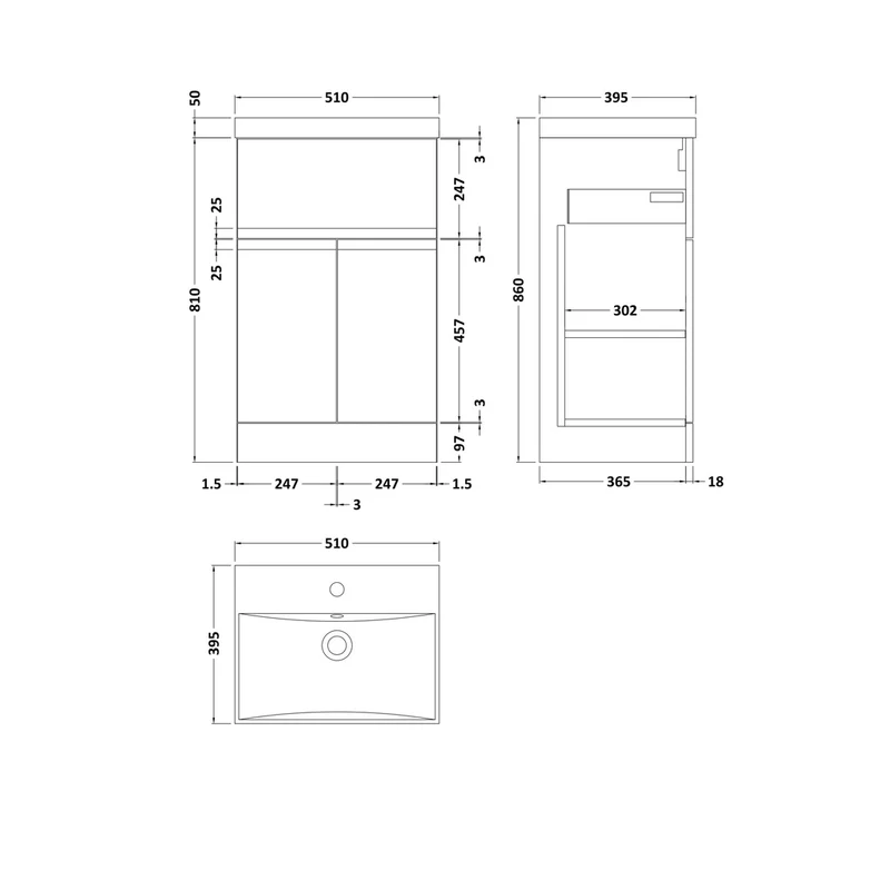 Hudson Reed Urban 500mm Floor Standing 2-door/drawer Vanity Unit & Basin 3 Contemp Satin White MFC Painted Matt 860x510x395mm