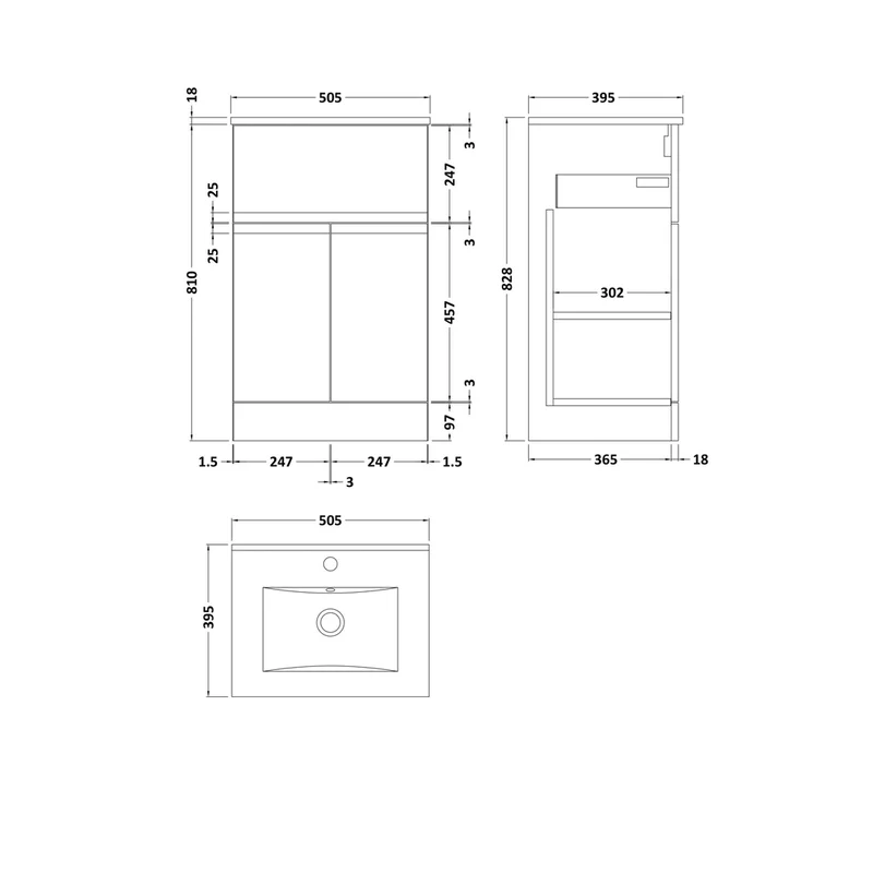 Hudson Reed Urban 500mm Floor Standing 2-door/drawer Vanity Unit & Basin 2 Contemp Satin White MFC Painted Matt 828x505x395mm