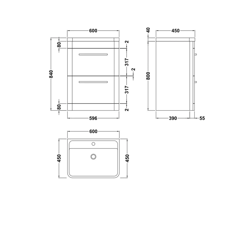 Hudson Reed Solar Floor Standing 600mm Cabinet & Polymarble Basin Contemp Pure White MDF Vinyl Smooth Matt 840x600x450mm