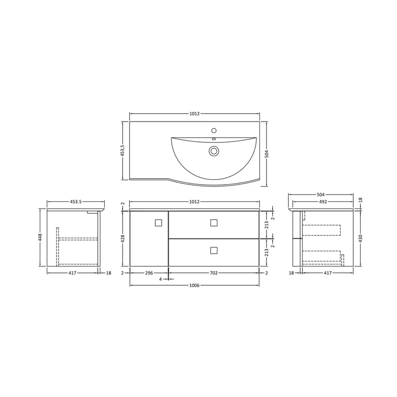 Hudson Reed Sarenna 1000mm Cabinet & Basin - Right Hand Contemp Mineral Blue MFC Smooth Matt 448x1012x504mm