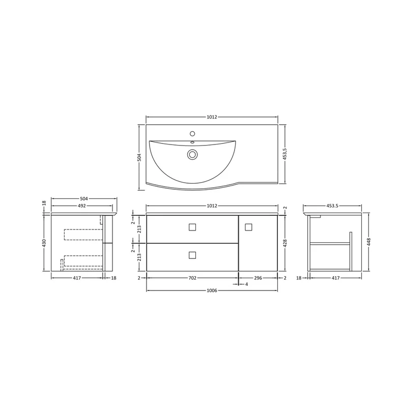 Hudson Reed Sarenna 1000mm Cabinet & Basin - Left Hand Contemp Dove Grey MFC Smooth Matt 448x1012x504mm