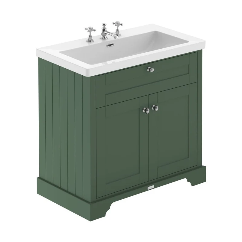 Hudson Reed Old London 800mm 2-door Unit & Contemp Fireclay Basin 3th Trad Hunter Green Fireclay,MDF Vinyl Smooth Matt 855x813x462mm