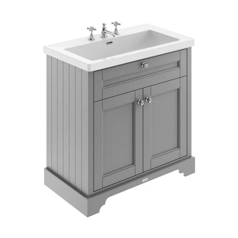 Hudson Reed Old London 800mm 2-door Unit & Contemp Fireclay Basin 3th Trad Storm Grey Fireclay,MDF Vinyl Textured Woodgrain 855x813x462mm